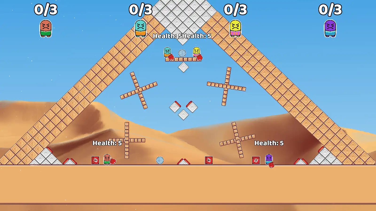 Four combatants stand in a pyramid in the desert with many obstacles between them.