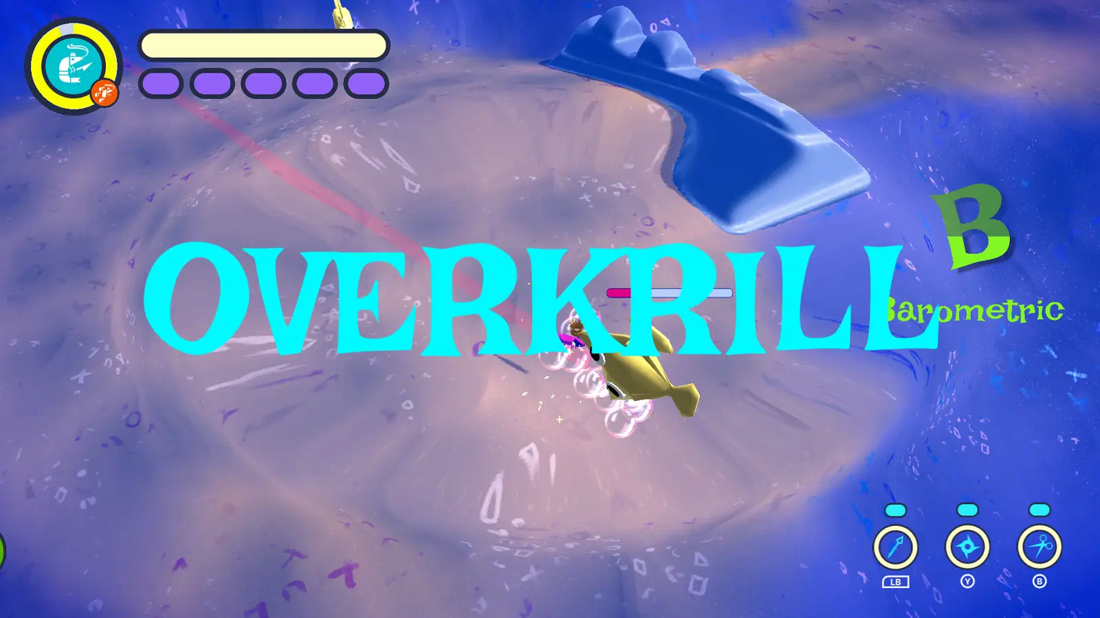 Large text reads Overkrill as a krill in the background fights off a fish.