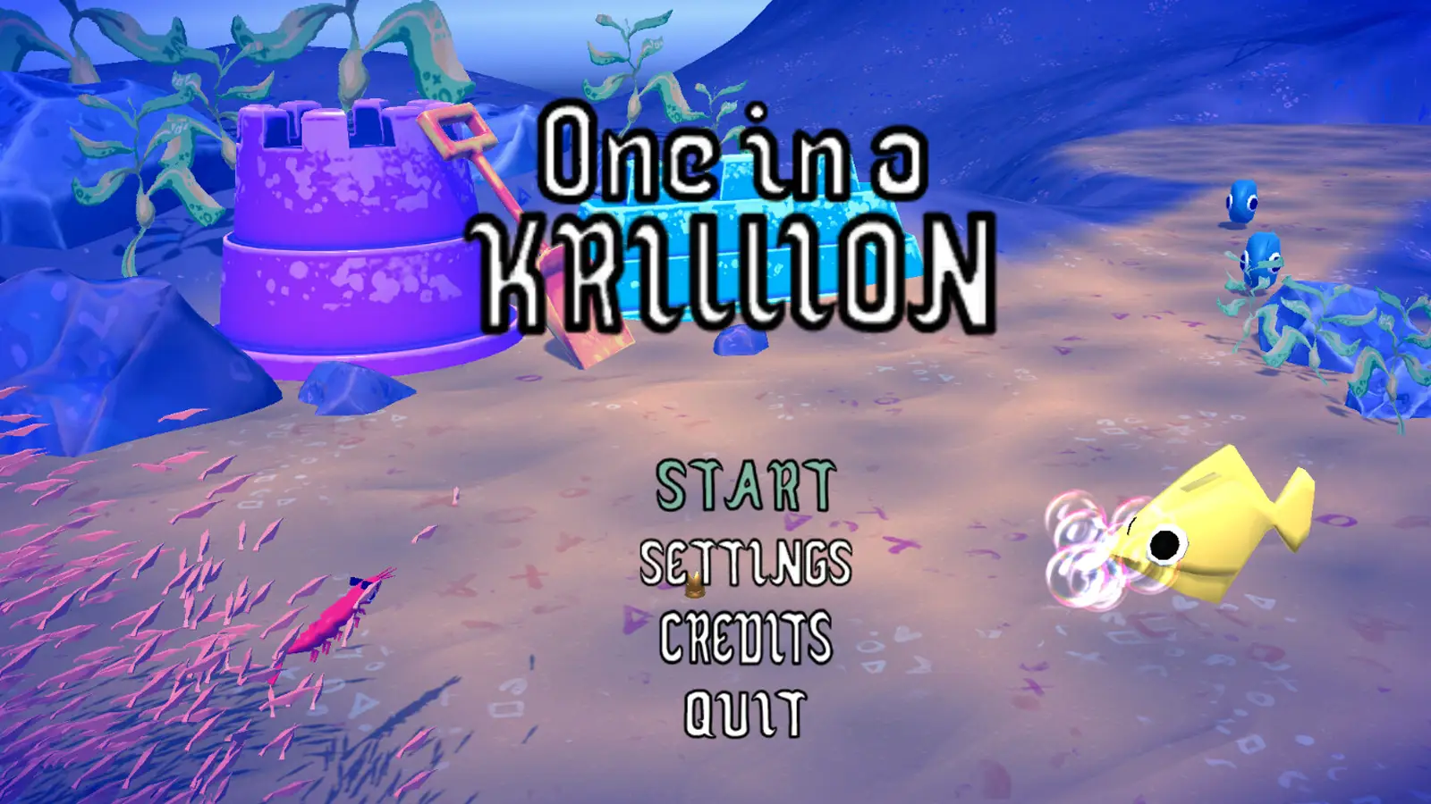 The main menu reads One in a Krillion where a plastic bucket and shovel are in the background.