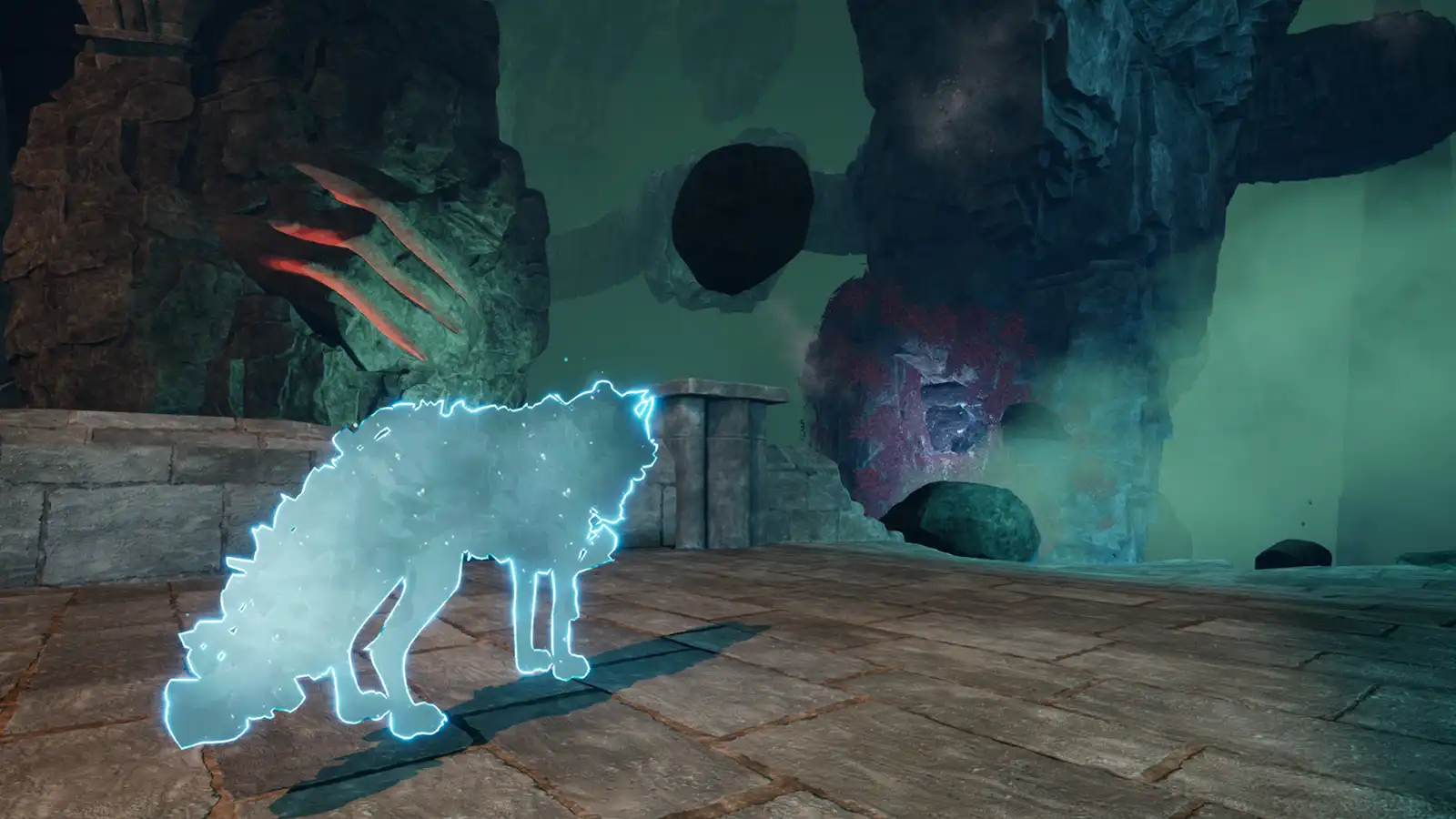 The ghost of a wolf standing on an ancient stone bridge in a deep cavern.