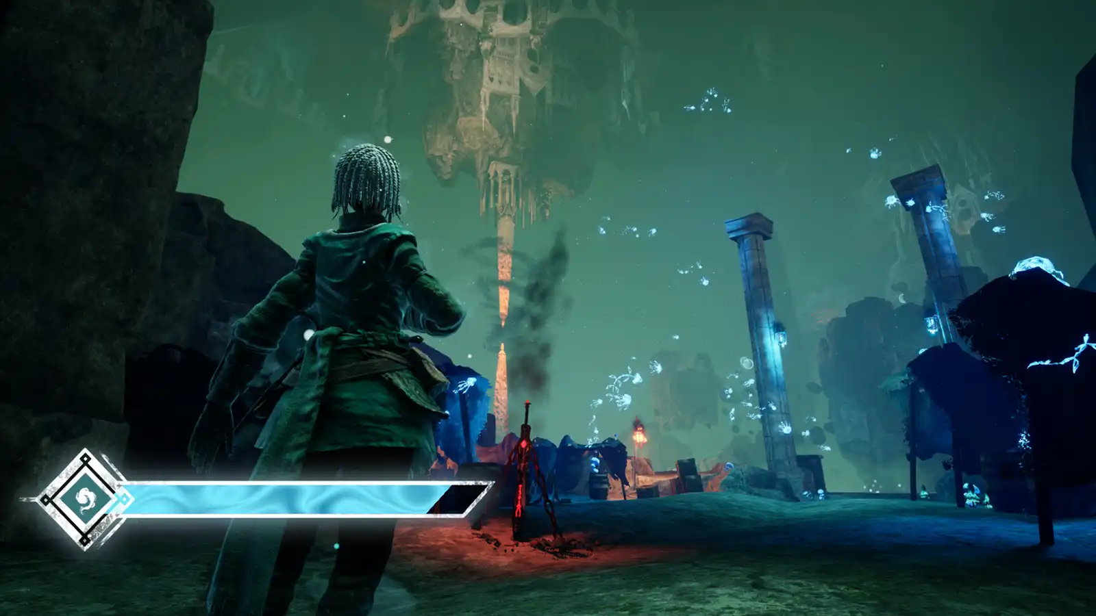 A player looks out at a large hovering castle.