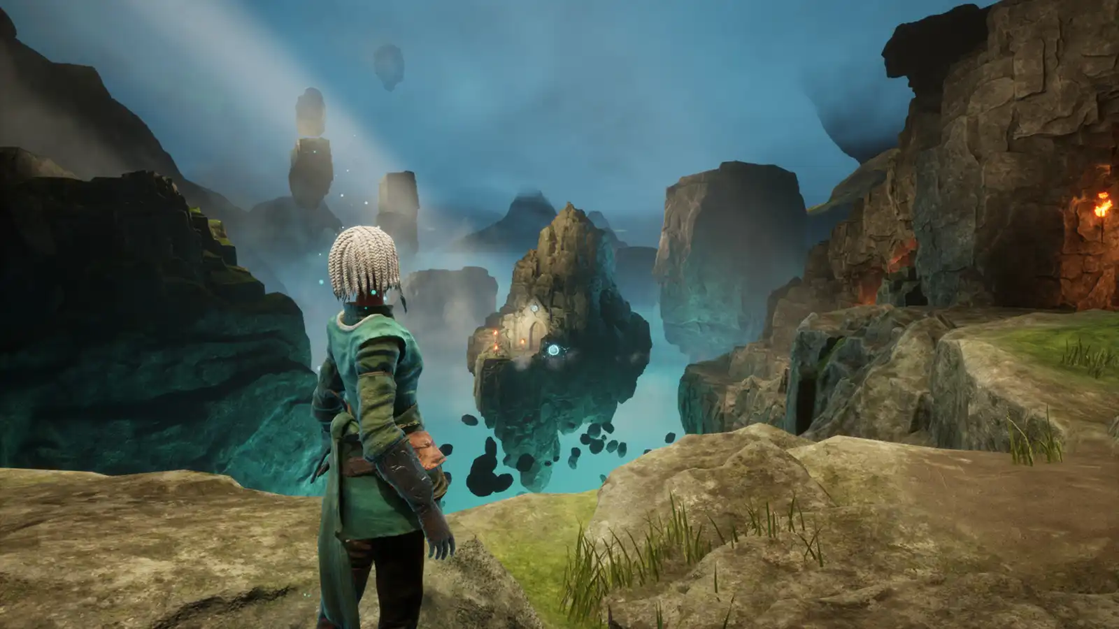 A player approaches an island that is floating.