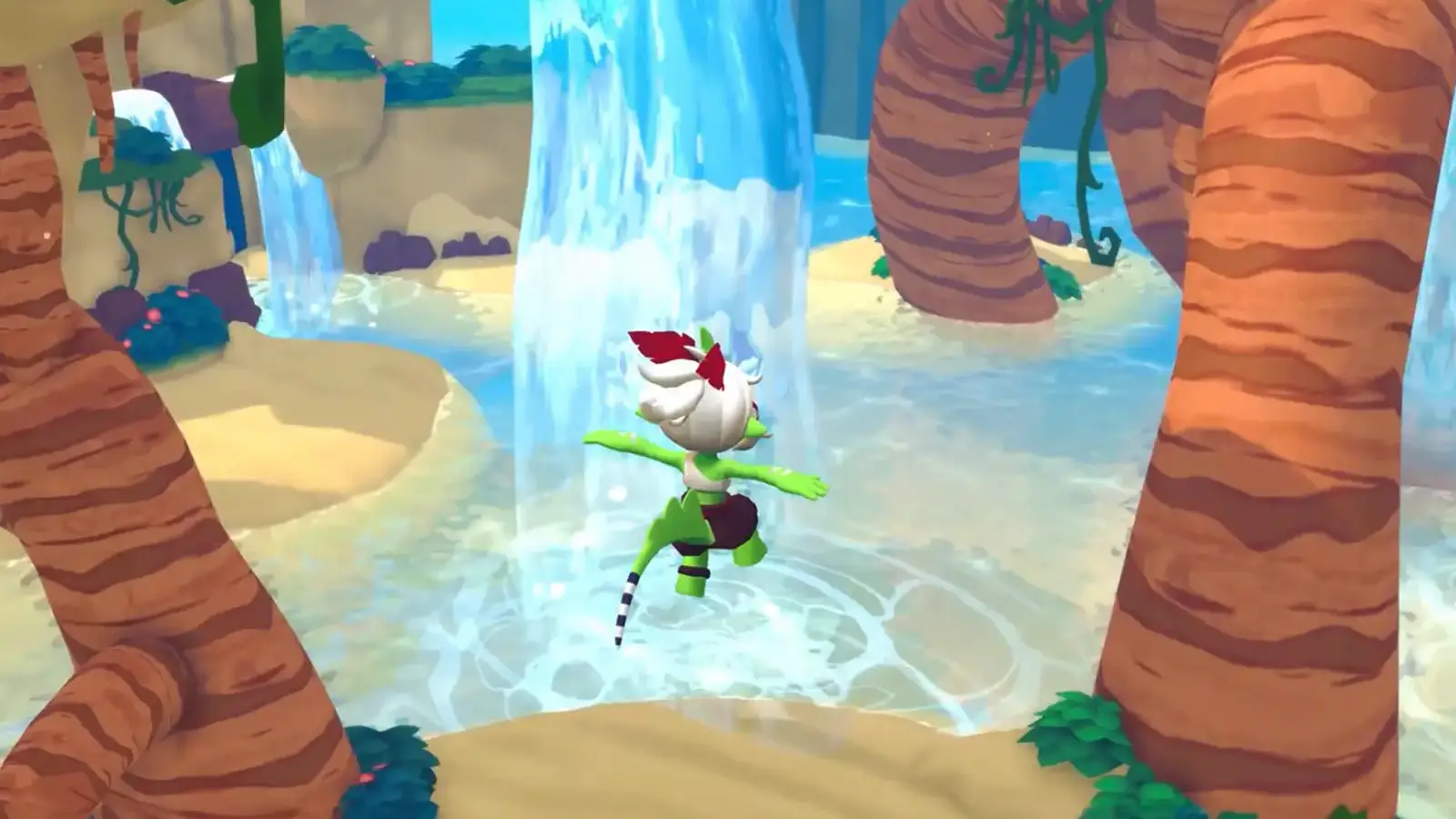 Character Basil jumps towards a waterfall.