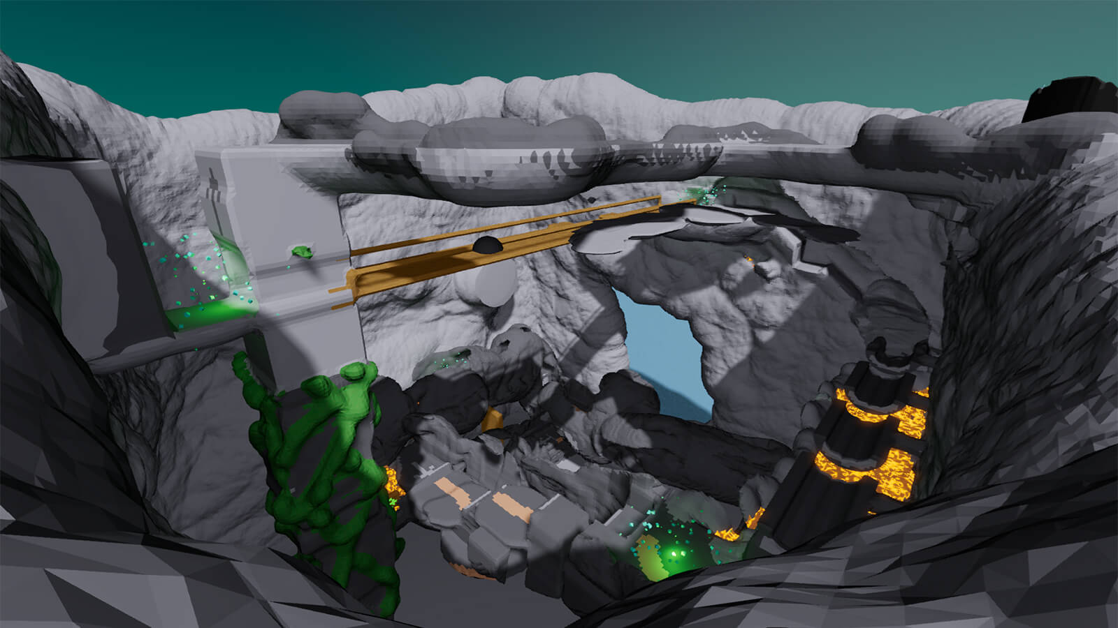 A large grey canyon full of bridges, platforms, and lava.