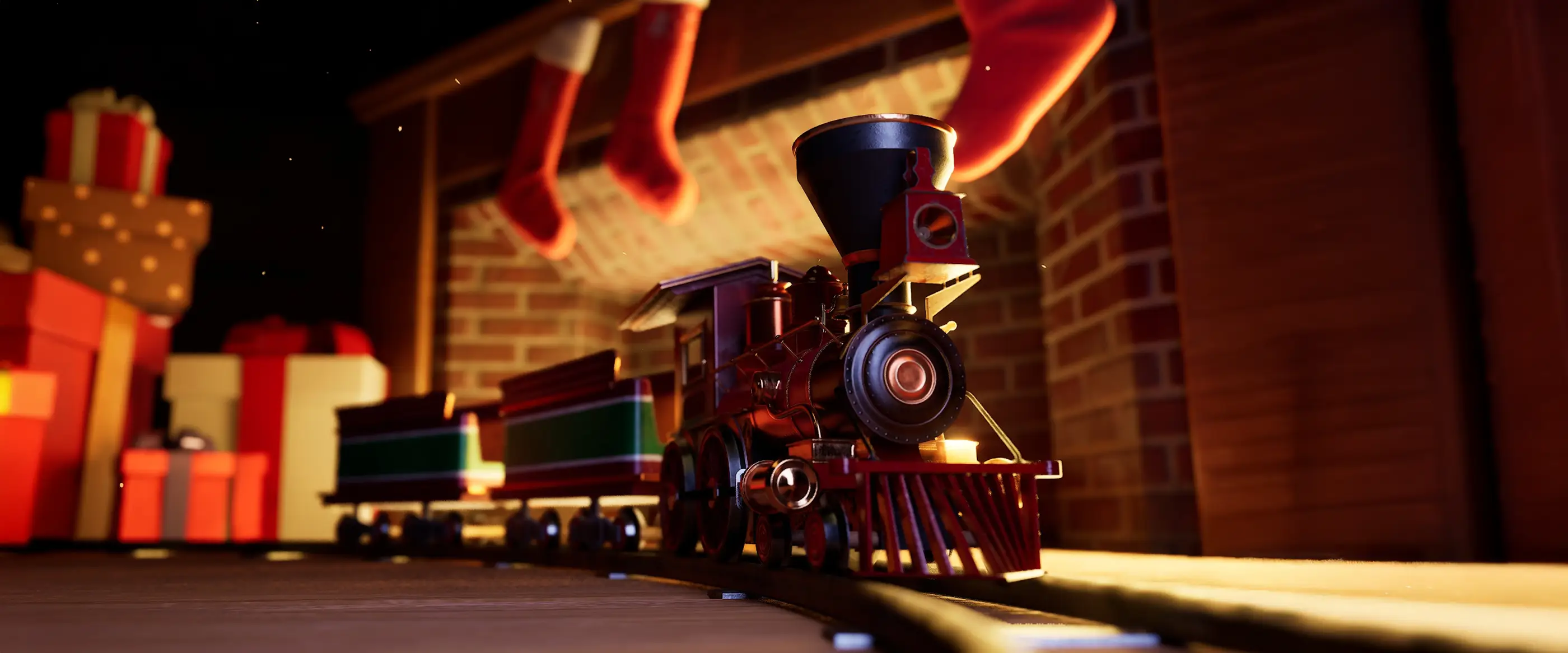 A 3D model of a toy train in a holiday setting.