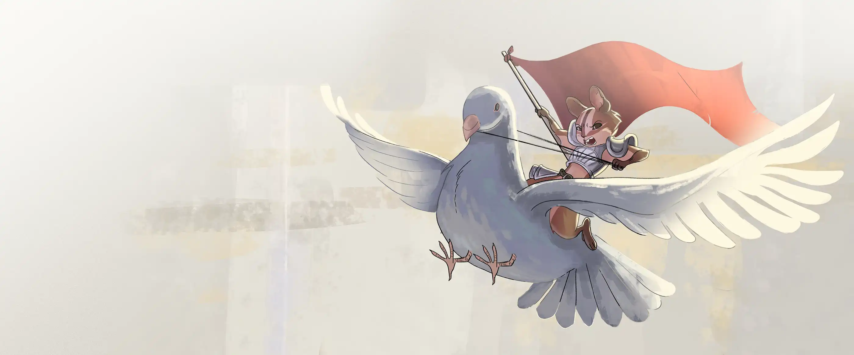 An armored squirrel with a bannered flag valiantly rides a flying dove.