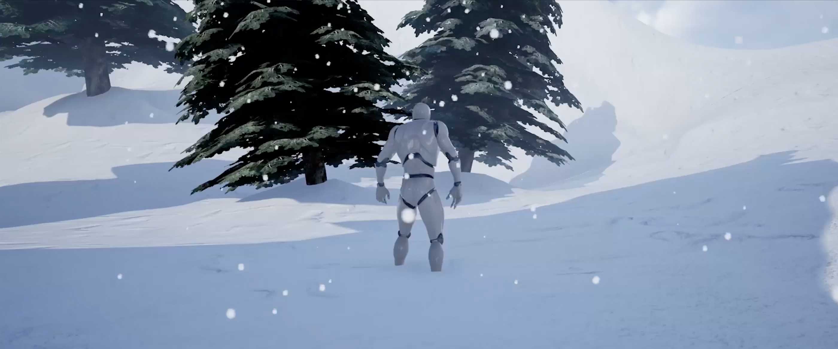 A 3D robot stands in a snowy landscape