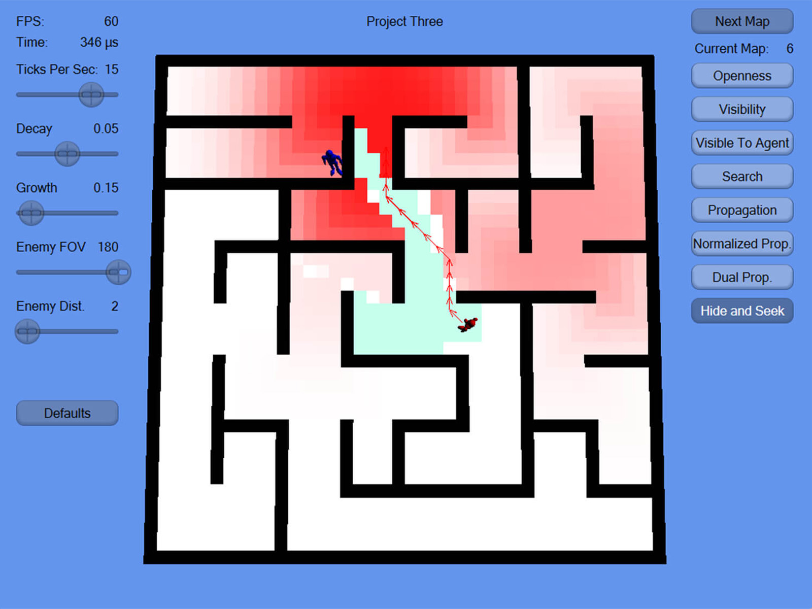 A red digital mannequin seeks a blue mannequin in a labyrinth using a red AI heatmap in the Rabin Engine. 