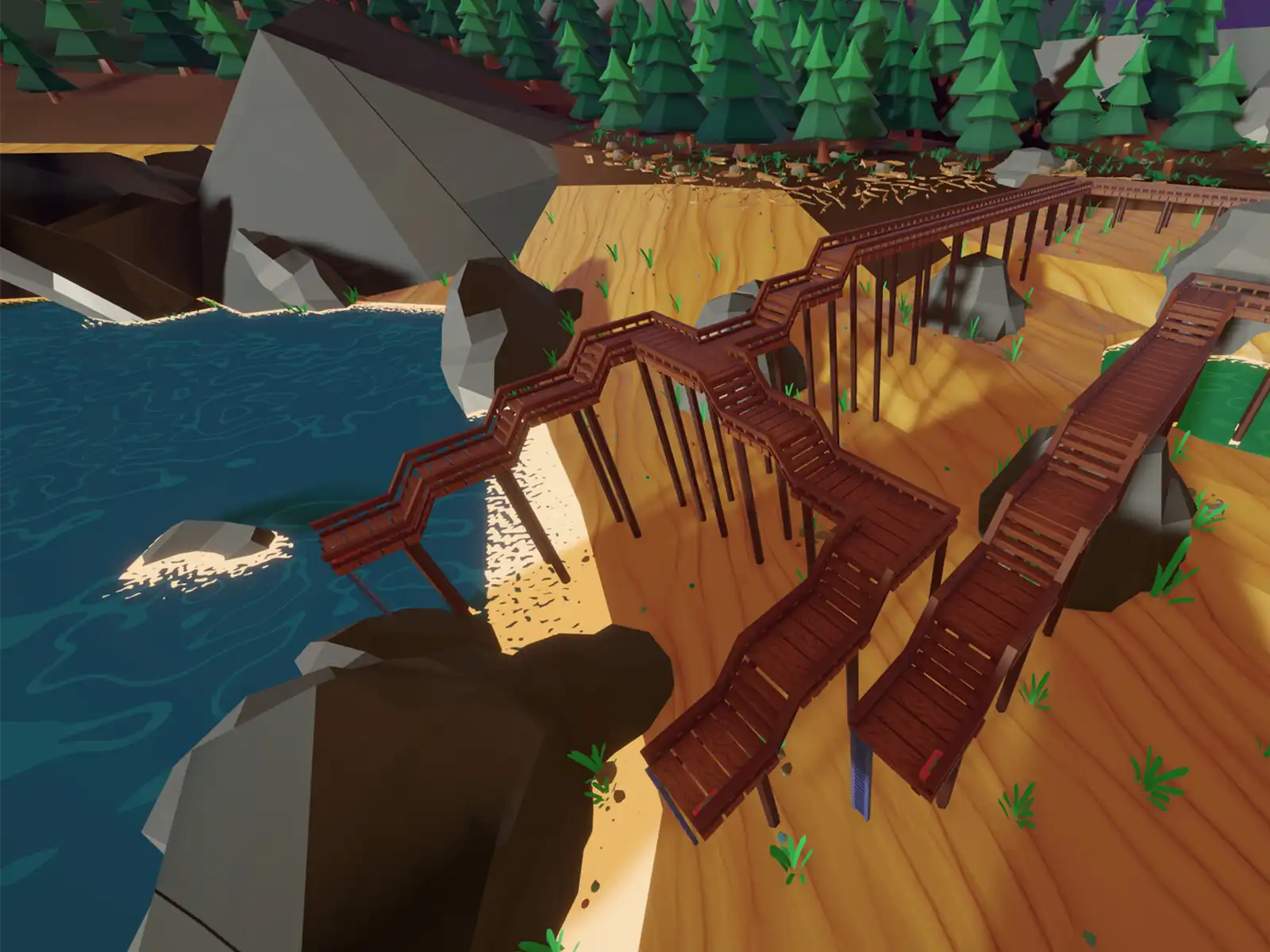 The expandable dock from Sip Fisher extends out into the lake over the player-drained portion of the lakebed.