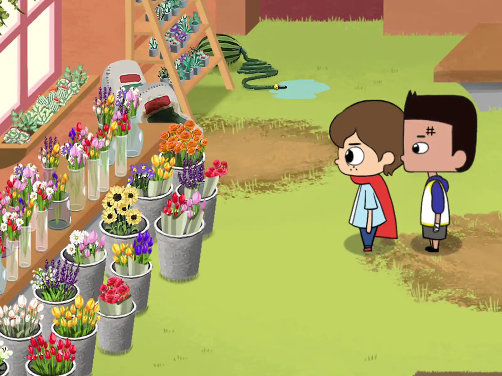 Two characters from Cricket: Jae’s Really Peculiar Game stare at many buckets of flowers.