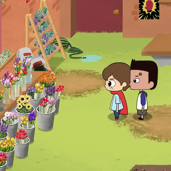 Two characters from Cricket: Jae’s Really Peculiar Game stare at many buckets of flowers.