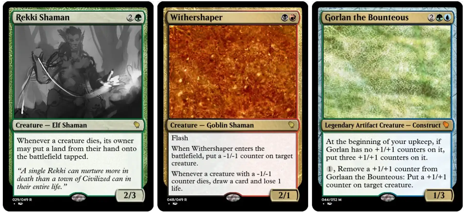 Magic: The Gathering mockups featuring rough art for three cards named “Rekki Shaman,” “Withershaper,” and “Gorlan the Bounteous.