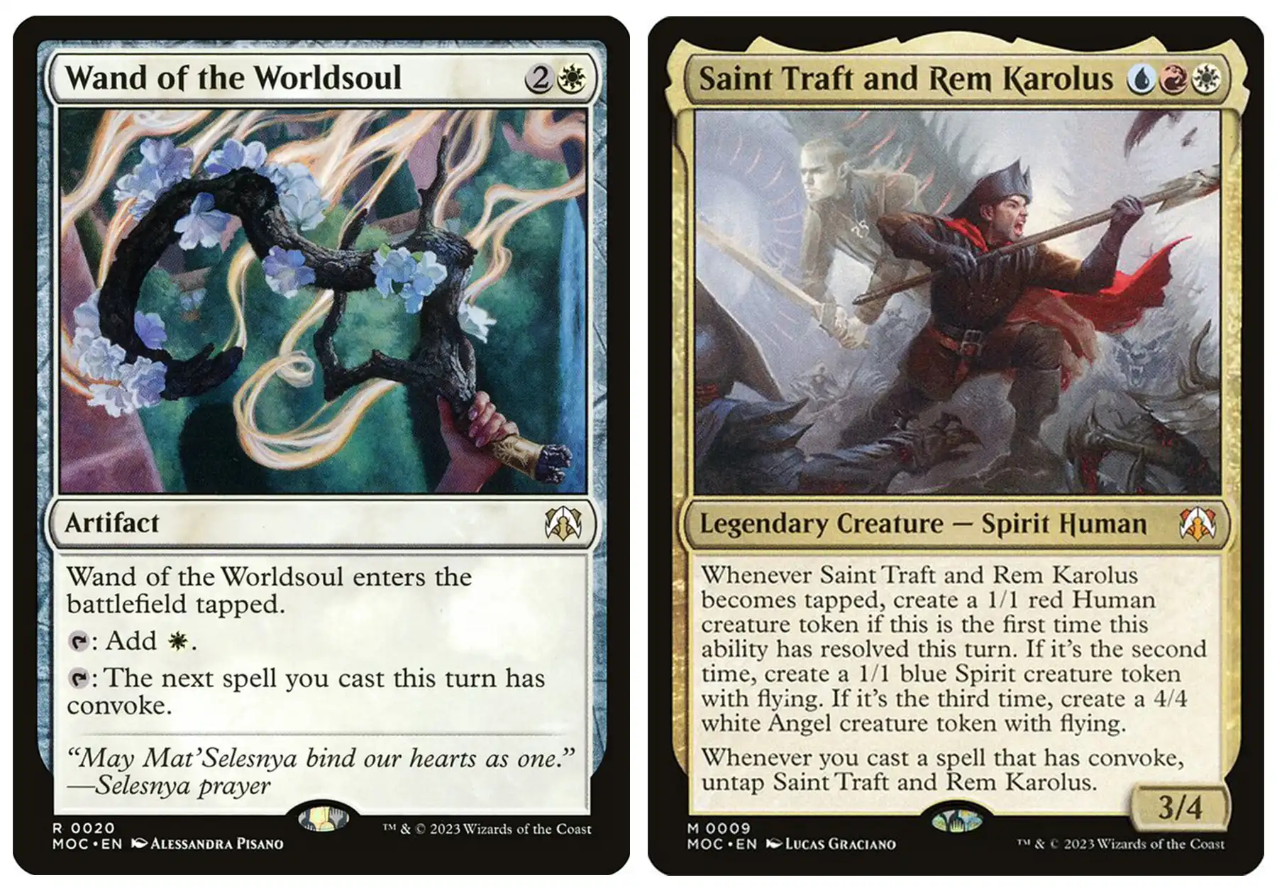 Two Magic the Gathering cards side by side, one depicting a wand made from a flowering branch, and another depicting a human and a spirit wielding weapons mid-battle.