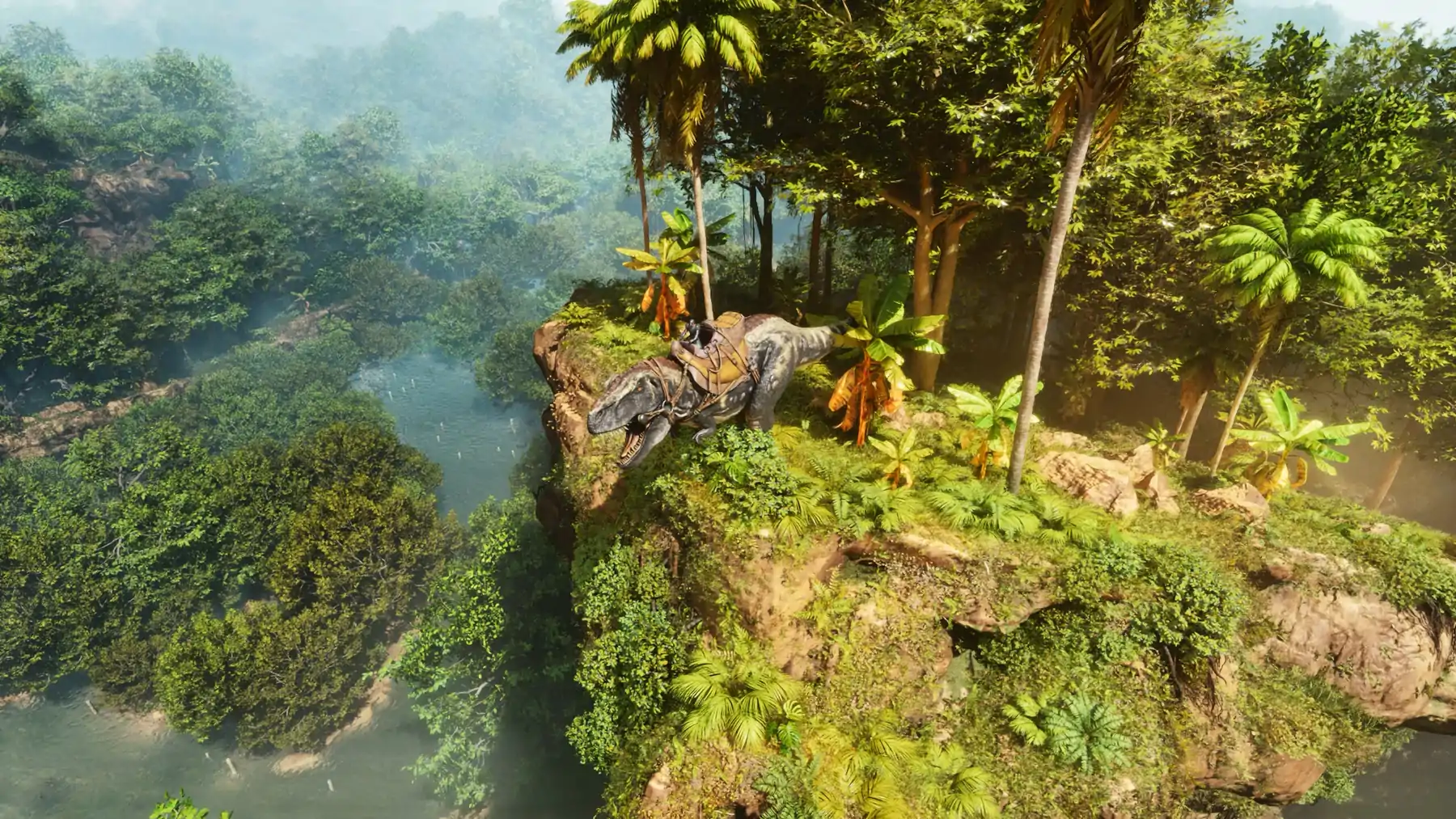 ARK screenshot showing a mounted T-Rex overlooking a lush jungle ravine.