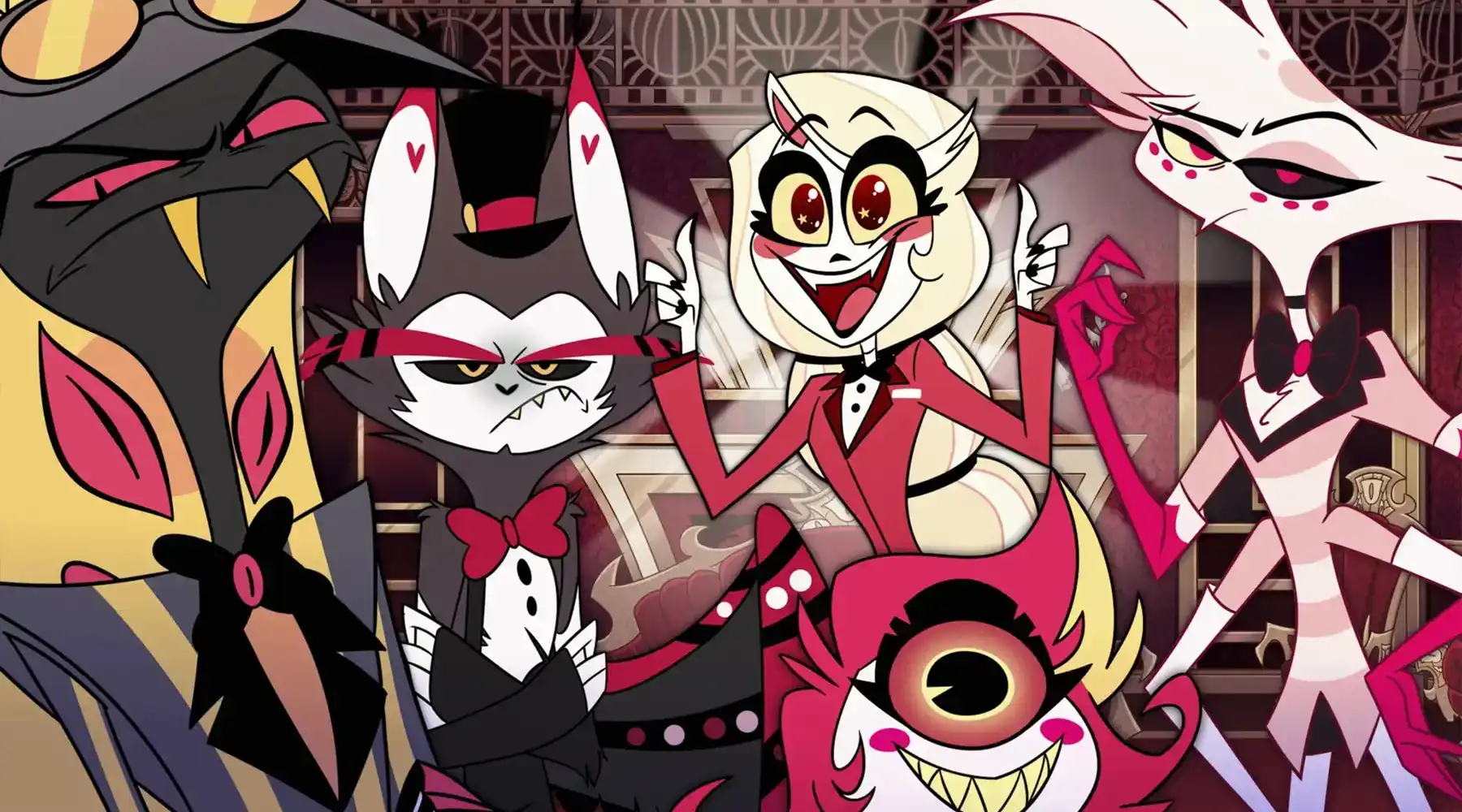 A screenshot from Hazbin Hotel showing an ensemble of its demon characters scowling or smiling towards the viewer.