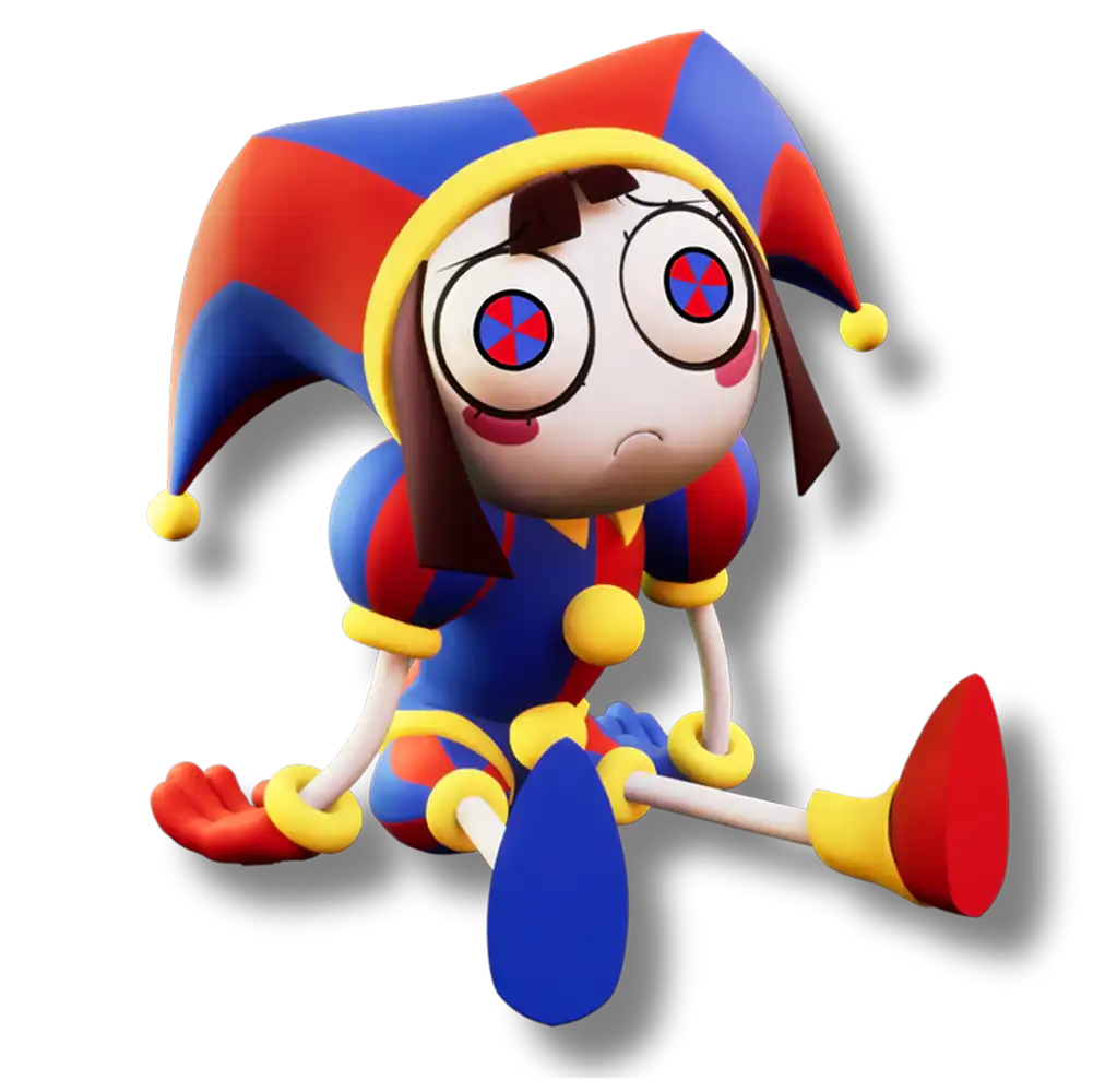 A 3D render of the blue and red clown character Pomni sitting on the ground wide eyed.