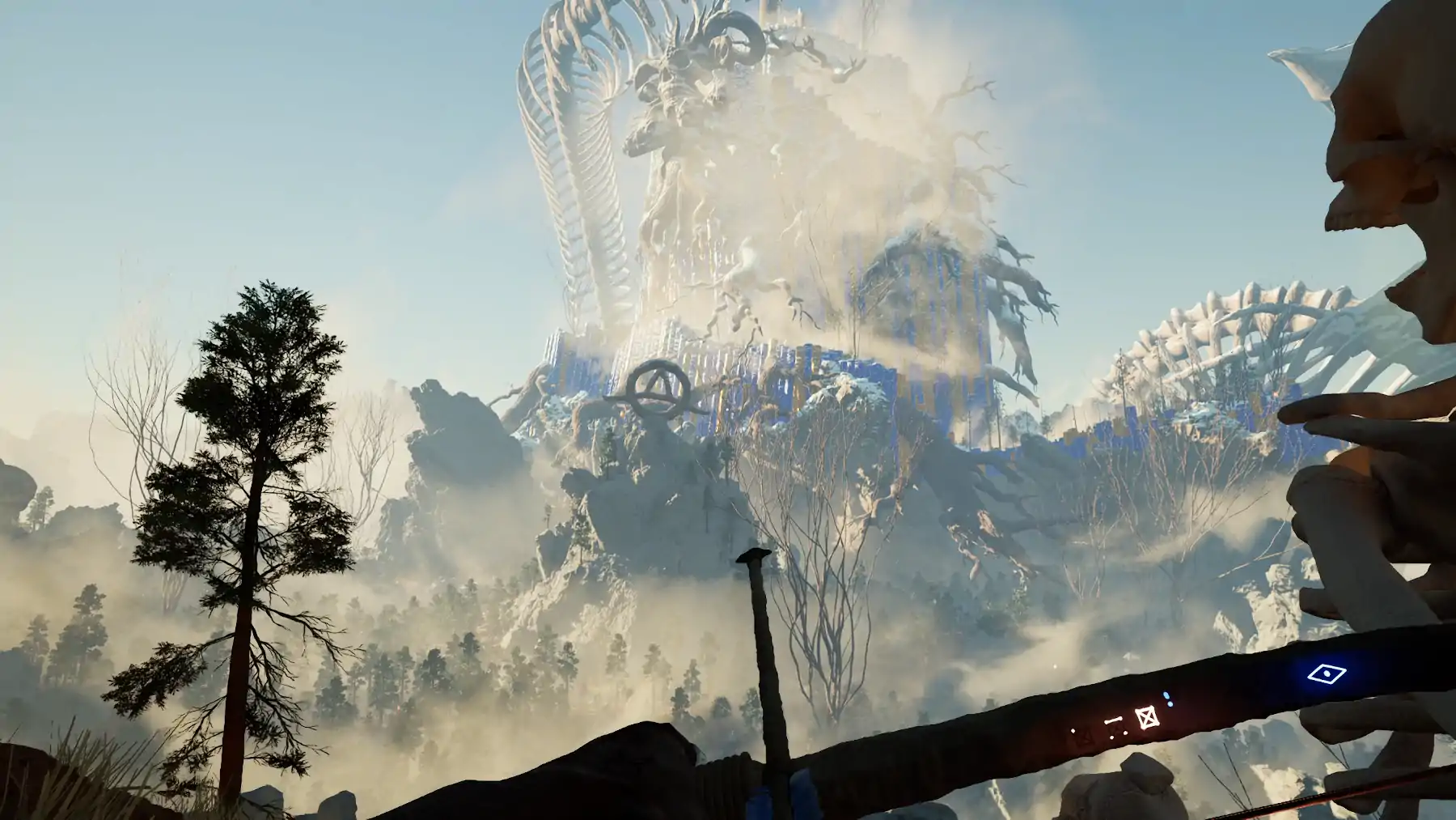 First-person view of a bow hunter looking up at the skeletal remains of a massive creature.