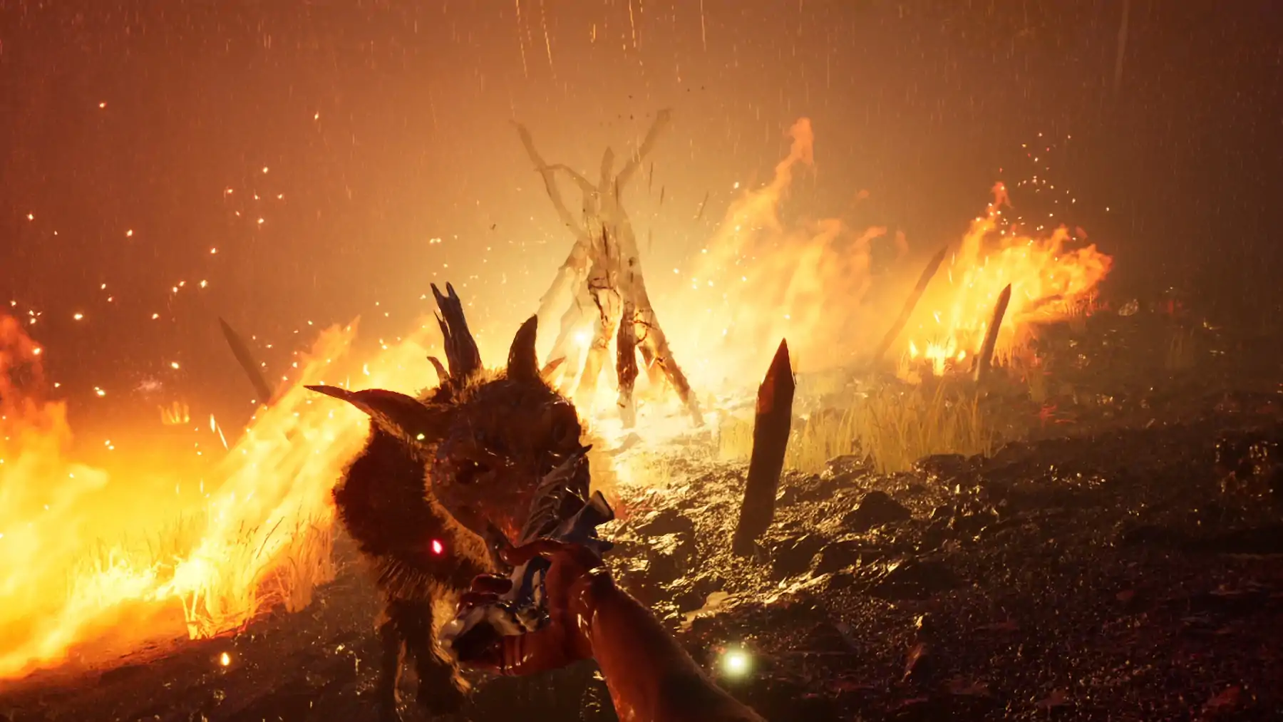 First-person view of a hunter thrusting knife at a wolf-like monster with brush fire in background