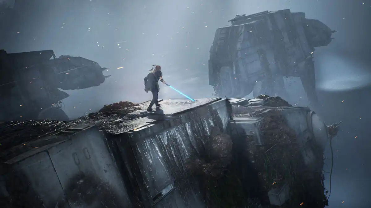  Fallen Order protagonist walks atop an AT-AT with his lightsaber drawn