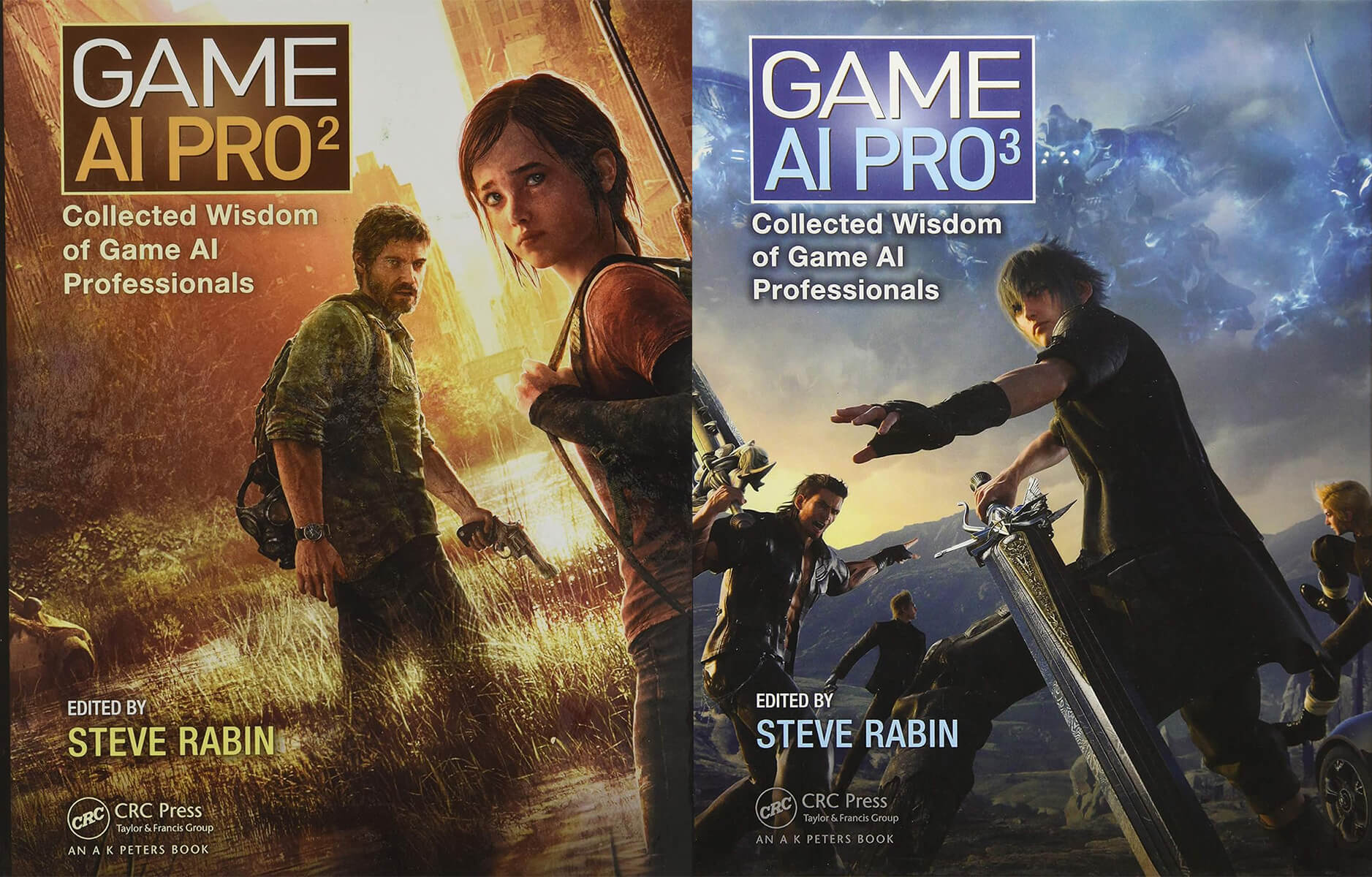 The covers of the second and third Game AI Pro books, with art from The Last of Us and Final Fantasy XV.