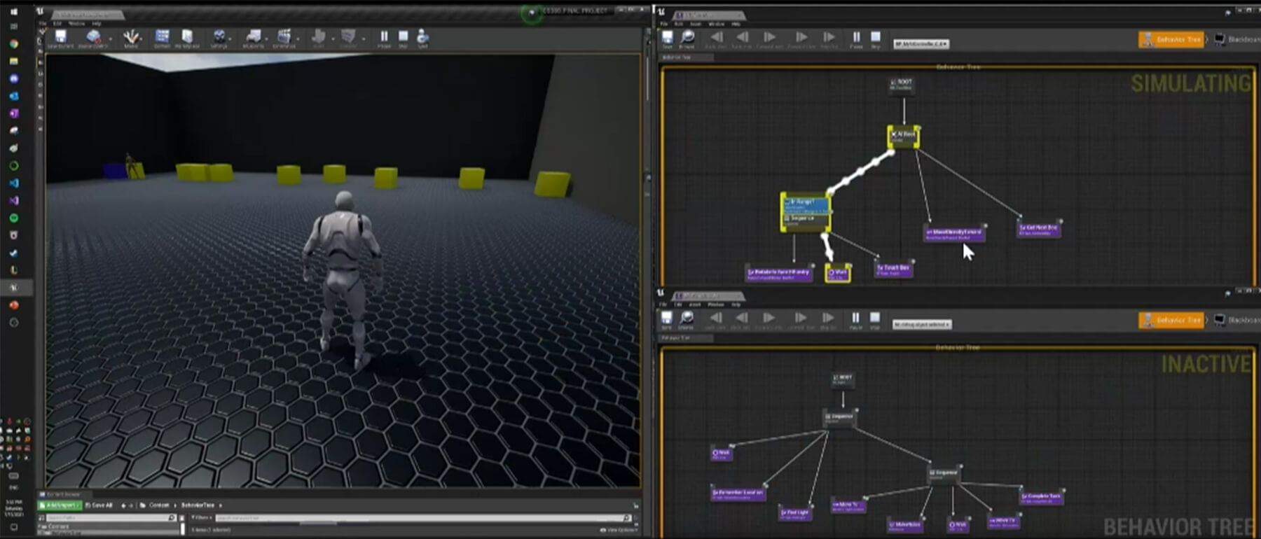 A window displays a series of connected visual programming nodes next to an AI-controlled grey character model in the Unreal Engine.