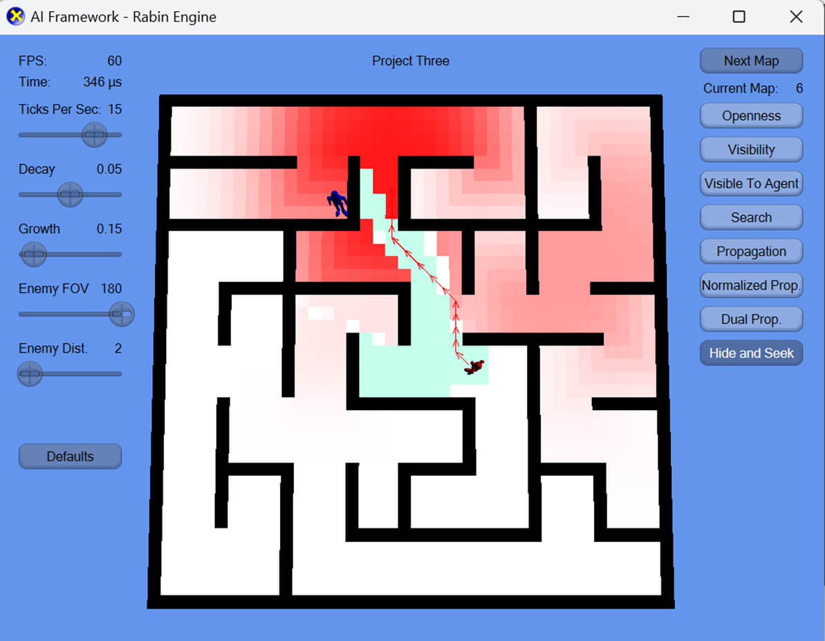 A blue mannequin hides in the top corner of a maze as a red mannequin seeks it out, with fields of red representing higher probability.