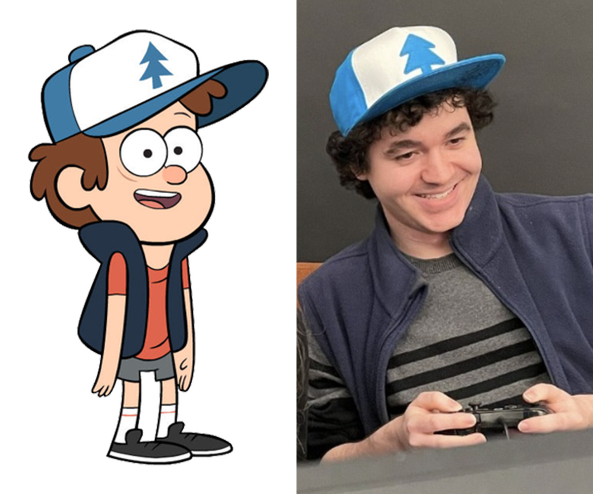 An image of Dipper Pines from Gravity Falls next to a picture of Chris Onorati wearing the same hat and vest.