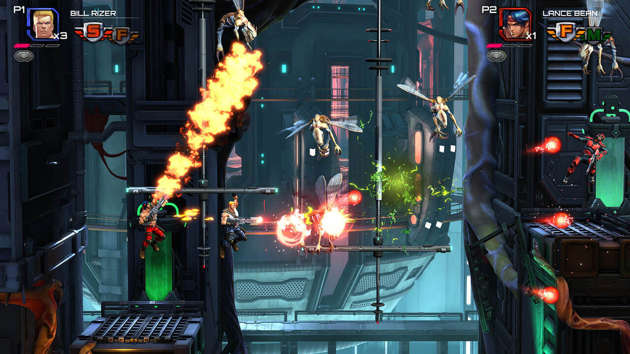 Game screenshot showing two human soldiers in a high-tech lab, firing weapons at winged creatures.