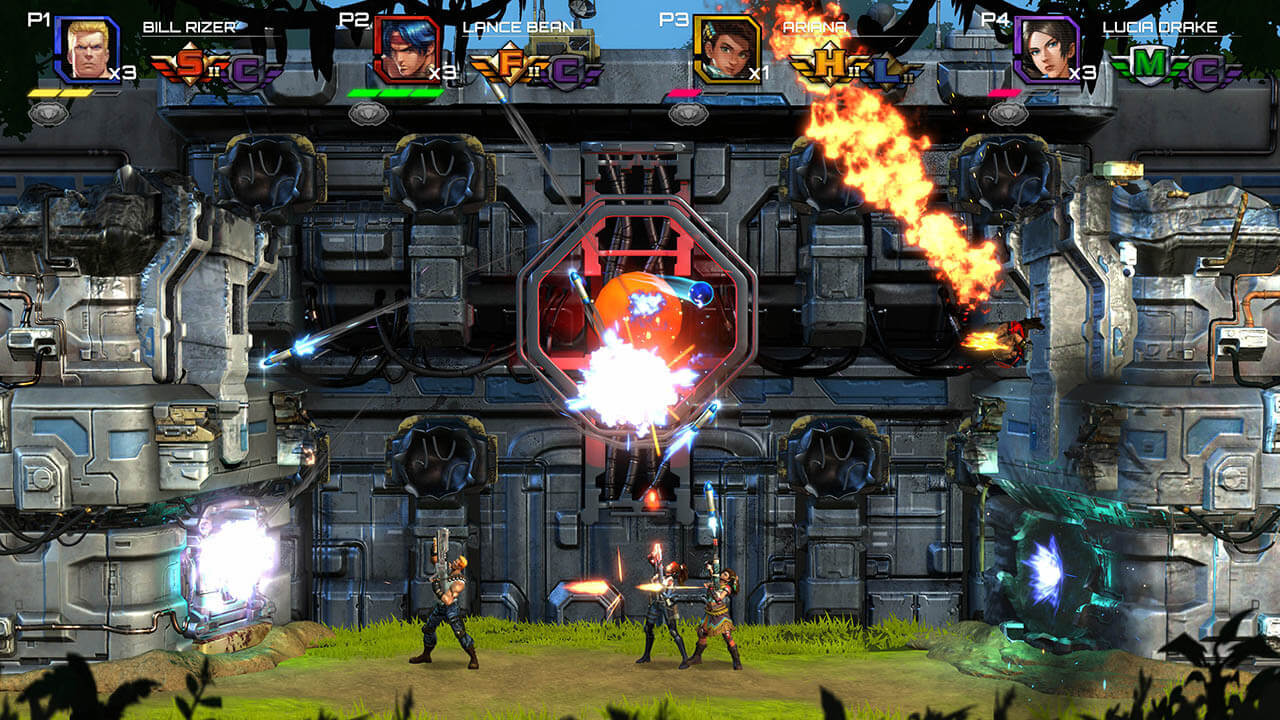 Game screenshot showing four commando soldier soldiers surrounded by fortified walls and turrets.