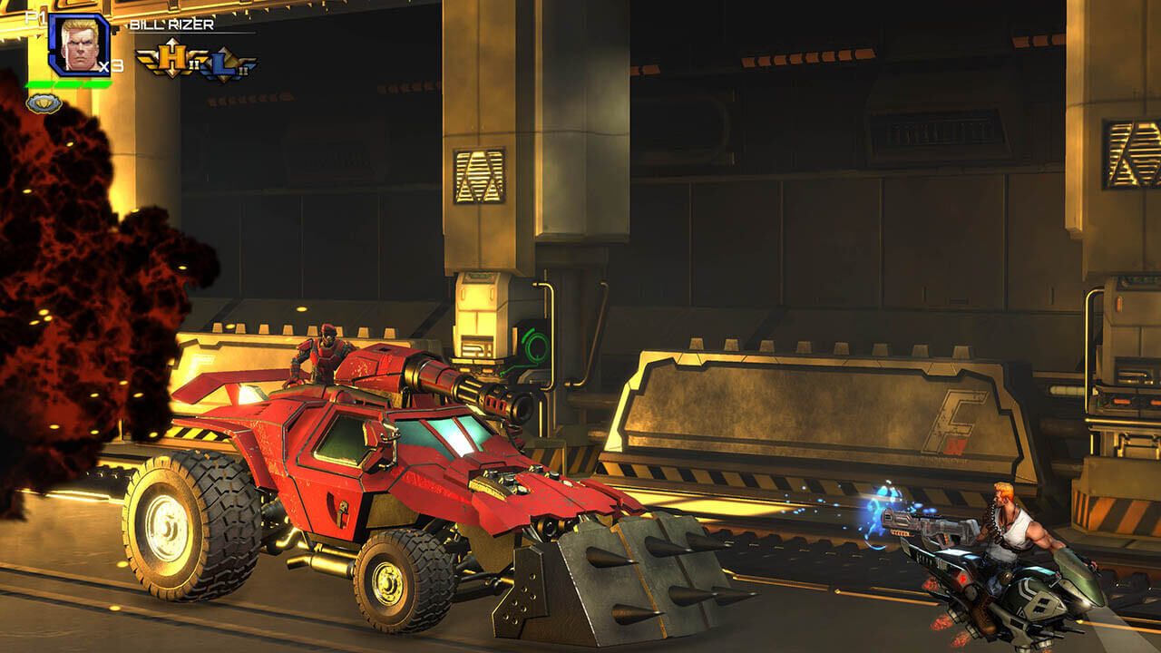 Game screenshot showing lone soldier on a hoverbike being chased by an armored vehicle.