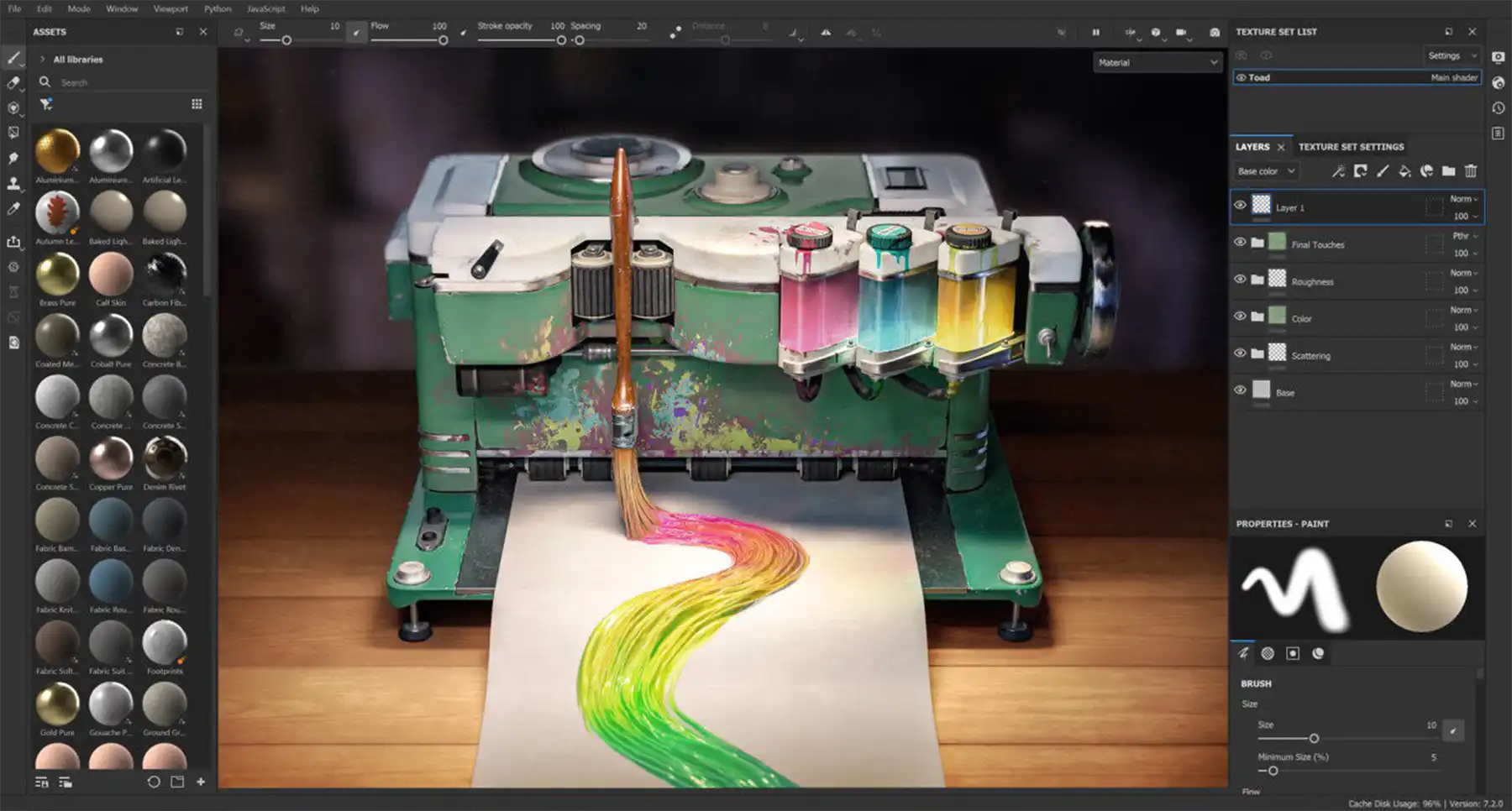 Adobe Substance Painter screenshot showing a 3D model of a machine coloring a piece of paper.